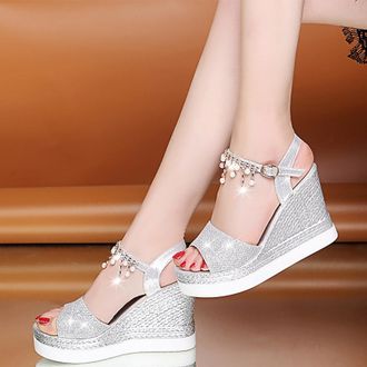 Generic Ladies Wedge Sandals Peep Toe Stylish Womens Summer Shoes Tassel Solid Color Elegant Stylish Comfortable Casual Strappy Sandals Wedding Party