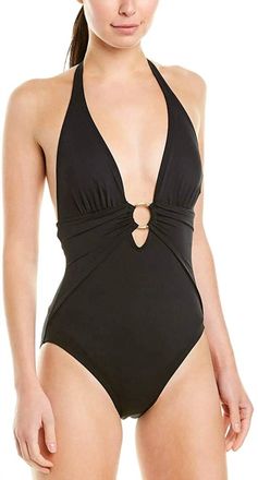 Carmen Marc Valvo Sash Waist Halter One Piece Swimsuit In Black