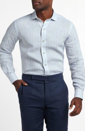 David Donahue Stripe Slub Linen Button-Up Shirt in Sky/Dune at Nordstrom, Size Xx-Large