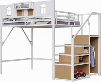 STILVORA Cama Alta, Cama Doble Con Escalera Con Almacenaje Y Estante, 140 X 200 Cm, Sin Colch&oacute;n, Metal, Blanco