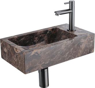 Saniclass Fuente Fonteinset - 40x22x10cm - kraangat rechts - fonteinkraan geborsteld gunmetal PVD - afvoerplug - verlaagd sifon - Dark Emporador