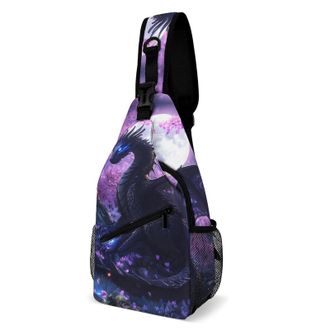 Generic Purple Flowers Moon Dragon Unisex Shoulder Bags Casual Crossbody Chest Bag Sling Backpack for Hiking Cycling Travel