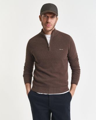 GANT Men Cotton Piqu&eacute; Half-Zip Sweater (XL) BROWN MELANGE