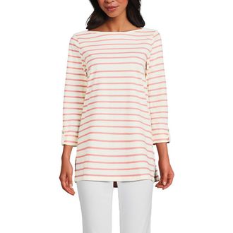 Lands End Supima Cotton Adjustable 3/4 Sleeve Boatneck Tunic in Ivory/peach Breton Stripe at Nordstrom, Size X-Small P