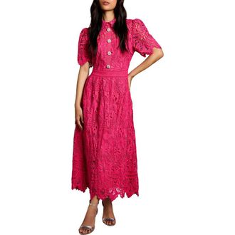 Coast Short Sleeve Collared Lace Midi Dress in Raspberry at Nordstrom, Size 10