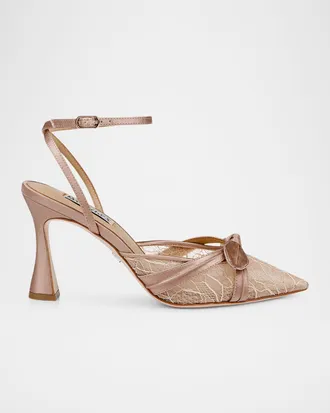 Badgley Mischka Josie Silk Lace Bow Ankle-Strap Pumps