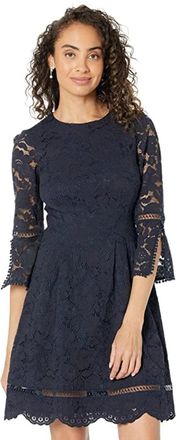 Vince Camuto Lace Pinch Pleat Dress Women Navy Round Neck Fit & Flare KFC1028