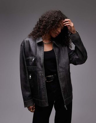 Topshop Giacca premium con colletto e chiusura zip in vera pelle nero slavato