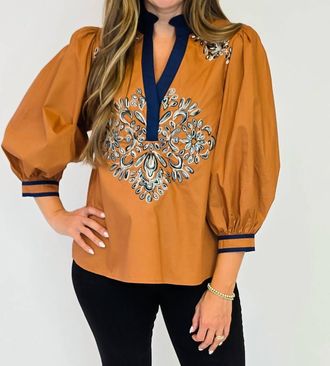 Entro Puff Sleeve Top W/contrast Trim Split Neck Top In Camel