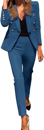 Generic Womens 2 Piece Outfit - Solid Open Front Blazer and Pencil Pant Suits Set - Double Breasted Notch Lapel Elegant Womens Business Office Suit SetsWork B
