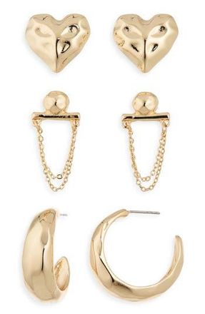 Nordstrom Rack 3-Pack Assorted Stud, Hoop & Drop Earrings in Gold at Nordstrom Rack