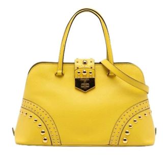 Prada Pre-owned Studded Saffiano Satchel - Dames - Pre-owned - Geel - Maat: ONE Size Leer