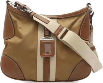Prada Borsa a tracolla in tessuto a righe con finiture in pelle 2013-2025 - Marrone