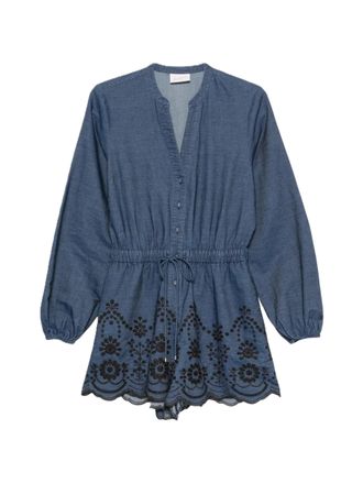 MC2 Saint Barth V-neck Puff Sleeve Romper with Intricate Floral Embroidery