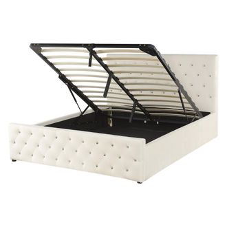 Beliani Cama Doble Tapizada En Terciopelo Beige 140 X 200 Cm Con Almacenamiento Cabecero Acolchado Amiens