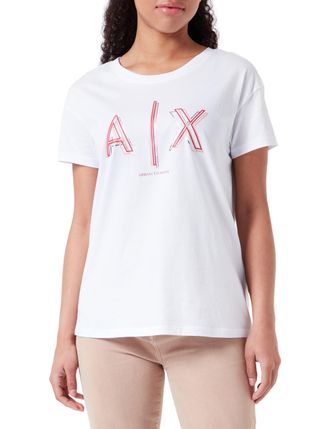 A|X Armani Exchange Womens Boyfriend Fit, Bidimensional Logo Print T-Shirt, White, S