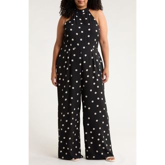 Sugarlips Kaline Polka Dot After Hours Halter Jumpsuit in Ivory-Black-Dot at Nordstrom, Size 3X