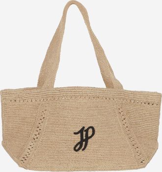 Patou Womens Large Raffia Bag With Logo Beige Shoulder