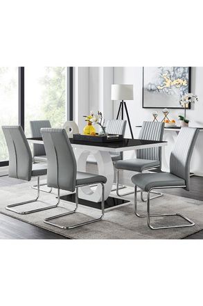 Furniturebox Giovani High Gloss & Glass Dining Table & 6 Lorenzo Chairs Set in Grey