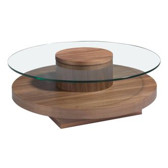 Angel Cerd&aacute; Round Tempered Glass Coffee Table Walnut Veneer Legs in Brown
