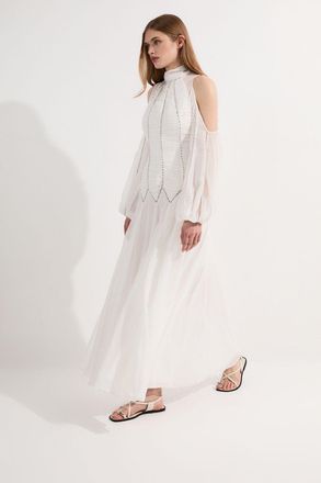 Karen Millen Womens Tall High Neck Embellished Ruched Georgette Woven Maxi Dress - White - Size 10 UK