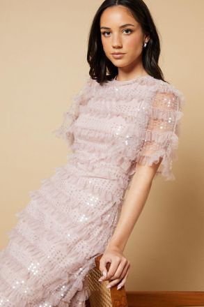 Oasis Womens Sequin Ruffle Detail Maxi Dress - Pink - Size 10 UK