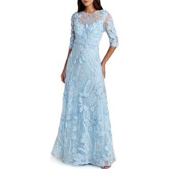 Mac Duggal Womens High Neck Embellished Lace Gown with 3/4 Sleeves in Periwinkle at Nordstrom, Size 10