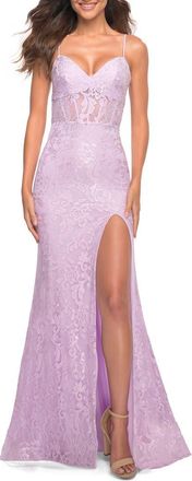 La Femme Neon Lace Prom Gown With Sheer Bodice and Tie Up Back in Lavender at Nordstrom, Size 10
