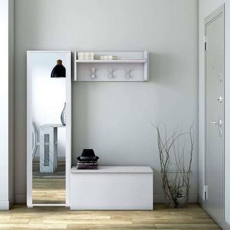 Dmora Mueble De Entrada Djohnse, Entrada Moderna Con Perchero, Mueble Con Zapatero, Armario Con Espejo, Cm 50x32h182, Blanco - Dmora