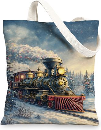 Generic Vintage Train Canvas Tote Bags, Steam Locomotive Design Reusable Grocery Bags, Retro Lightweight Washable Shoulder Strap Ca, Blue, 13x15 Inch