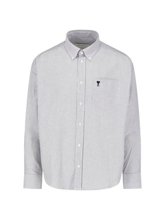 Ami Long-Sleeved Vertical Stripe Shirt With Button-Down Collar
