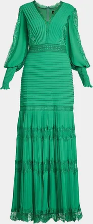 Tadashi Shoji Tiered Bishop-Sleeve Pleated Lace Gown