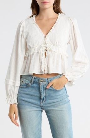 Lush Embroidered Eyelet Long Sleeve Peplum Crop Top in Off White at Nordstrom Rack, Size Medium