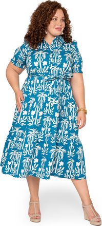 Leota Octavia Puff Sleeve Shirt Dress Palm Fields Mykonos Blue