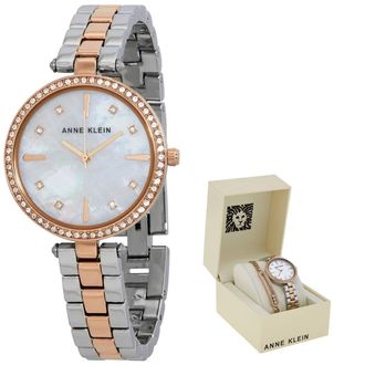 Anne Klein Quartz Crystal White Mother of Pearl Dial Ladies Watch and Bracelet Set AK/3559RTST