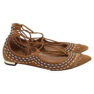 Aquazzura Christy Folk Lace Up Flats in Brown Suede