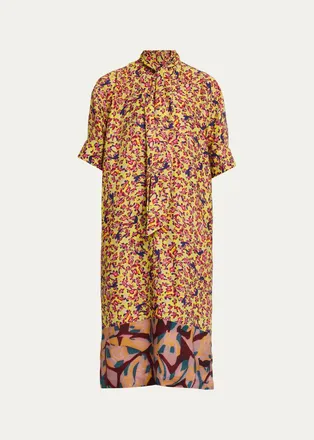 Dries Van Noten Dalma Marbled Short-Sleeve Neck-Scarf Midi Dress