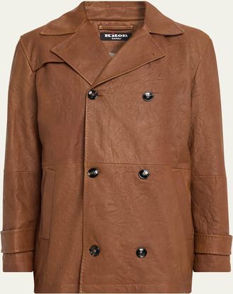 Kiton Mens Leather Vintage-Effect Short Trench Coat