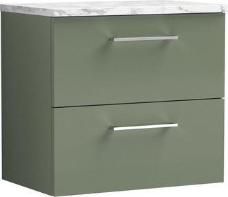 Nuie Arno Wall Hung 2-Drawer Vanity Unit with Carrera Marble Worktop 600mm Wide - Satin Green - Nuie