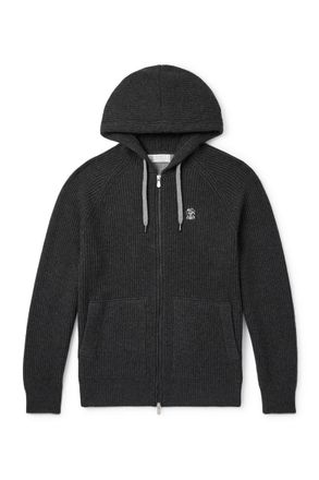 Brunello Cucinelli Logo-Embroidered Ribbed Cashmere Zip-Up Hoodie