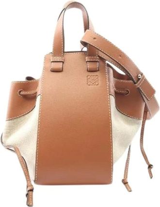 Loewe Pre-owned Bucket Bags, female, Brown, Size: ONE SIZE Pre-owned Hammock Drawstring Leather Canvas Handbag