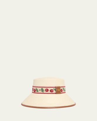 Valentino Garavani Cherry Embroidered Straw Bucket Hat