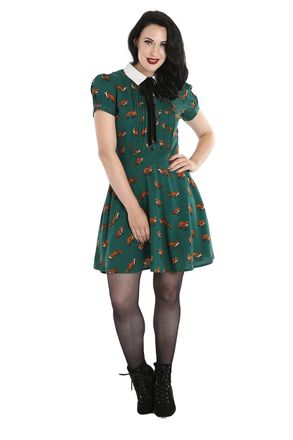 Hell Bunny Hell-Bunny Vixey 1960s Fox Print Vintage Retro Style Short Dress - Green (4XL)
