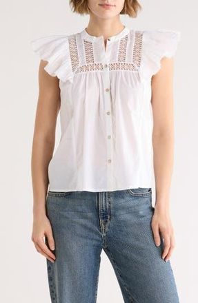 Elie Tahari Cap Sleeve Lace Trim Button-Up Top in White at Nordstrom Rack, Size X-Small