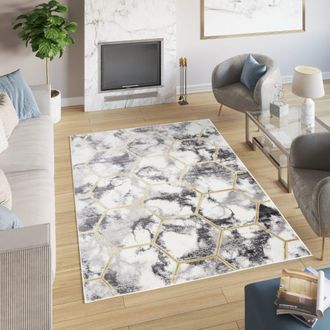Tapiso Alfombra de polipropileno en gris, crema y oro 140x200 cm