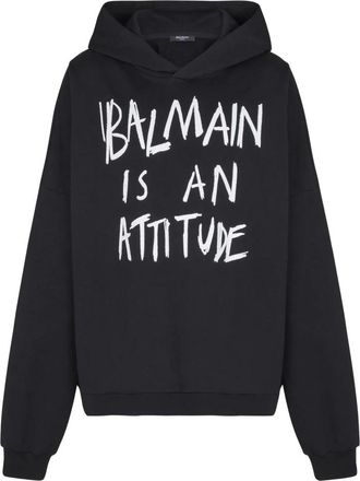 Balmain Hoodie met print op de voorkant - Heren - Hoodies - Zwart - L - Katoen - Hoodies & sweatvesten