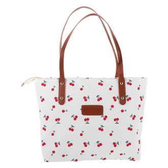 Supvox Cherry Print Tote Shoulder Bag for Women, White Casual Commuter Purse with Zipper, Large Top Handle Bag for Office, Shopping, and Travel