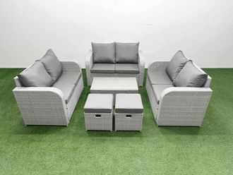 Fimous 8 Seater PE Wicker Rattan Furniture Sofa Sets with Rectangular Coffee Table 2 Seater Love Sofa 2 Stool Light Grey