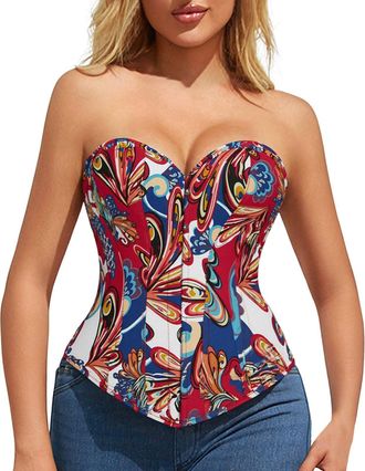 Generic Womens Corset Womens Floral Denim Overbust Corset Bustier Top (Blue, M)