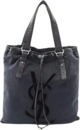 Saint Laurent Pre-owned Tote Bags, female, Black, Size: ONE SIZE Pre-owned rive gauche Canvas Leather Tote Bag